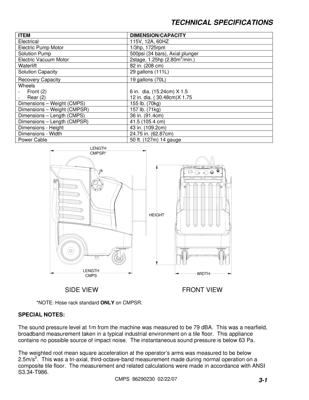 Windsor CMPSR 10070080, CMPS 10070050 manual Technical Specifications 