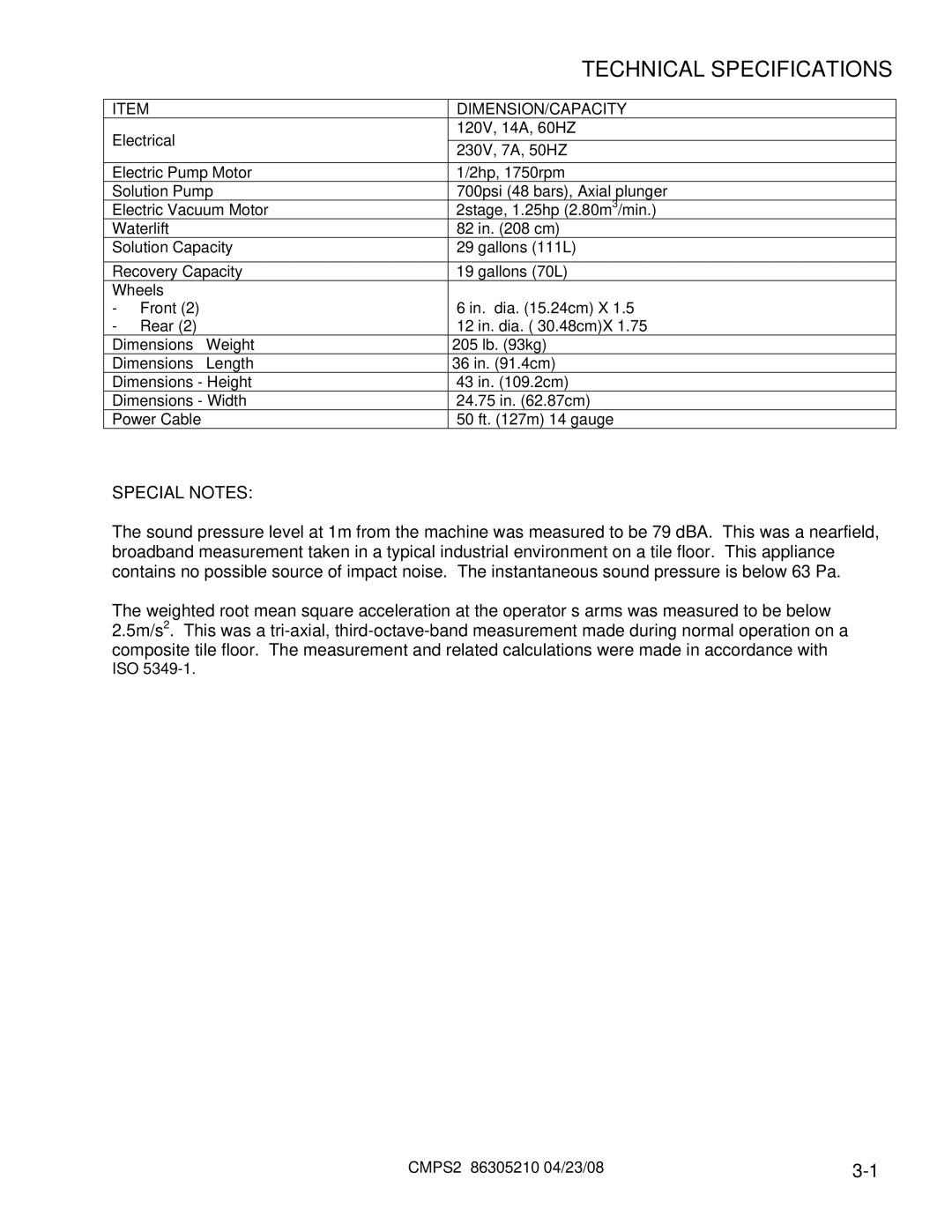 Windsor CMPS2E, 10070560, 10070570 manual Technical Specifications 