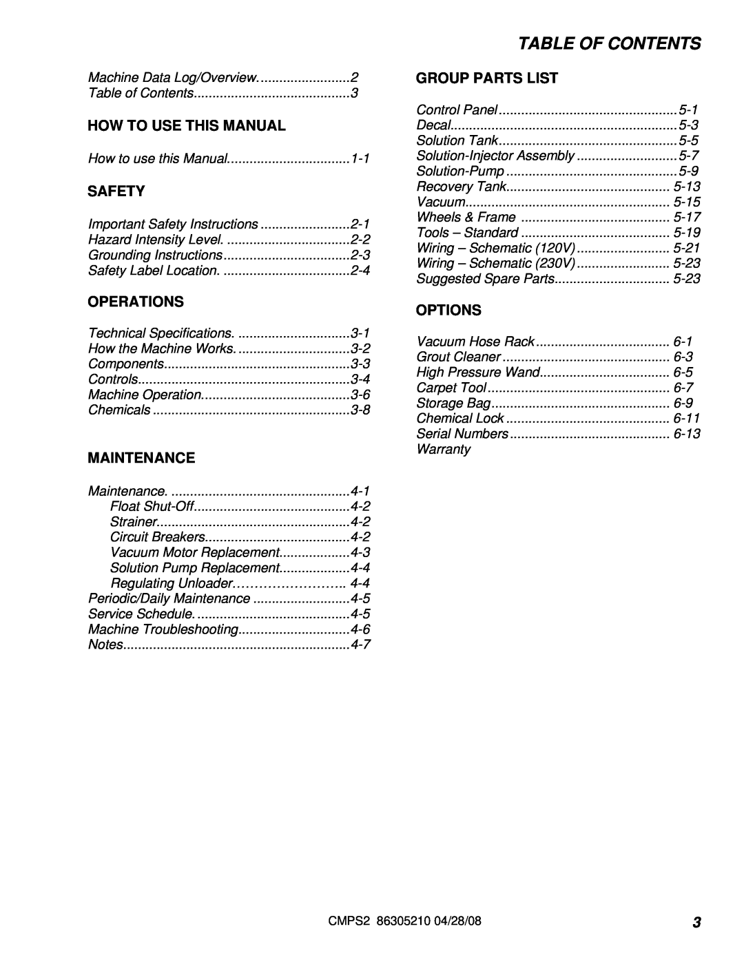 Windsor 10070570 Table Of Contents, How To Use This Manual, Safety, Operations, Maintenance, Group Parts List, Options 