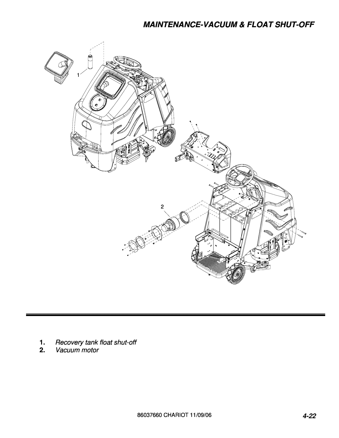 Windsor CSE24 10060250 manual Maintenance-Vacuum& Float Shut-Off, 4-22, Recovery tank float shut-off 2.Vacuum motor 