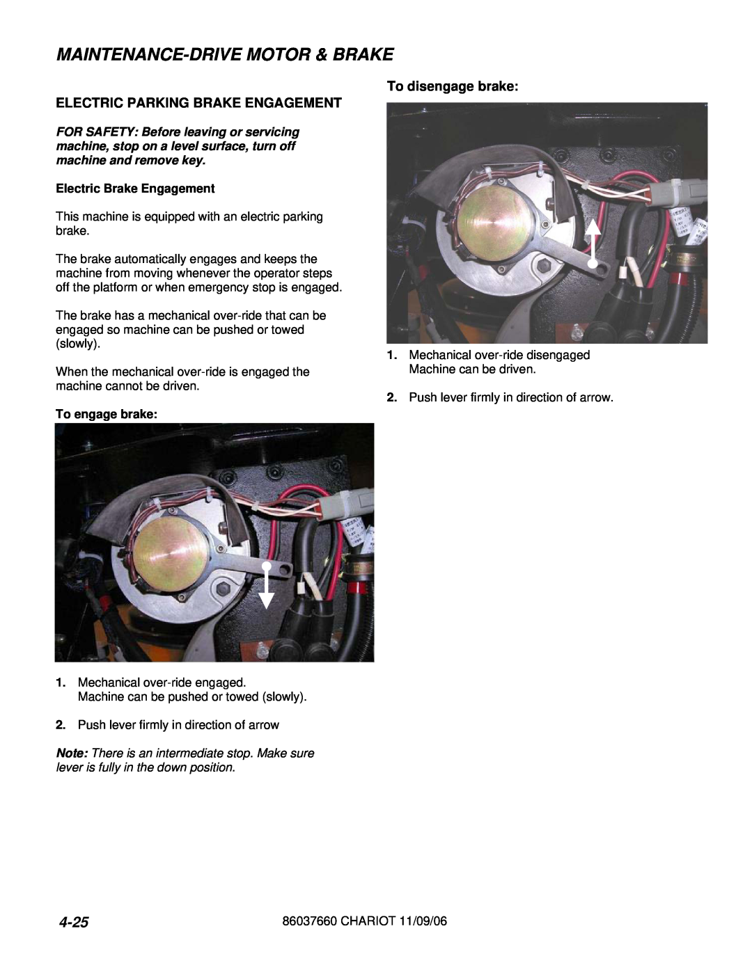 Windsor CSXEO24 10060300 manual 4-25, Maintenance-Drivemotor & Brake, Electric Parking Brake Engagement, To disengage brake 