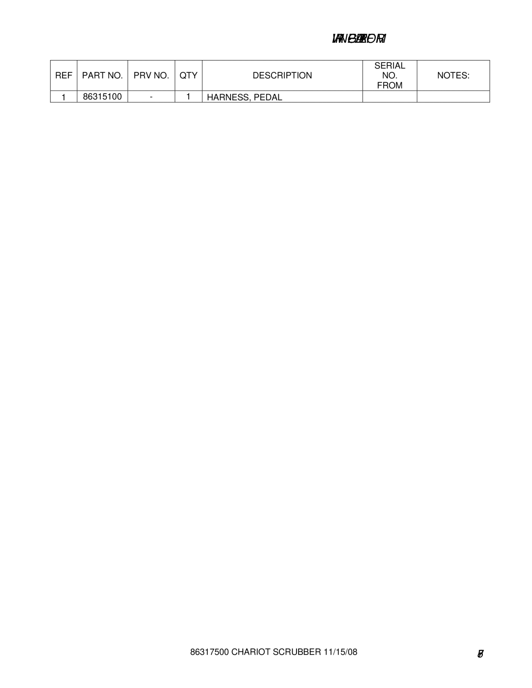 Windsor 10061160, CSX26SP, CSX24, 10061090 manual Serial PRV no QTY Description From, HARNESS, Pedal 