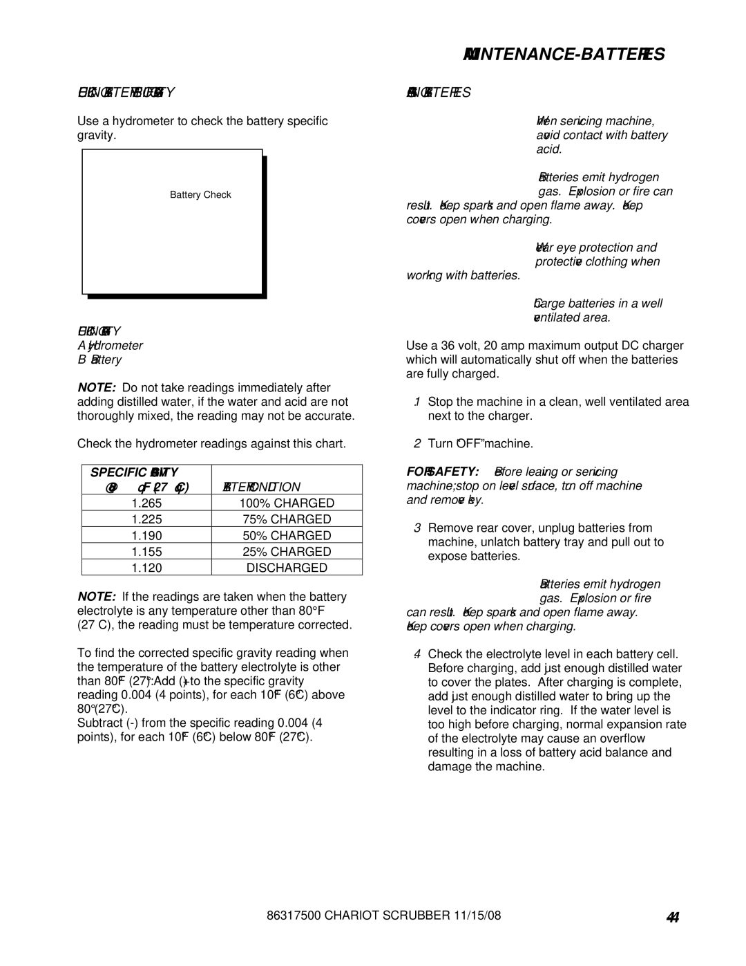 Windsor CSX24, CSX26SP, 10061090, 10061160 manual Checking Gravity, Battery Condition 