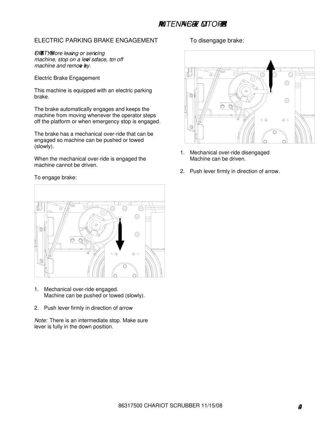 Windsor CSX24, CSX26SP, 10061090, 10061160 manual Electric Parking Brake Engagement 