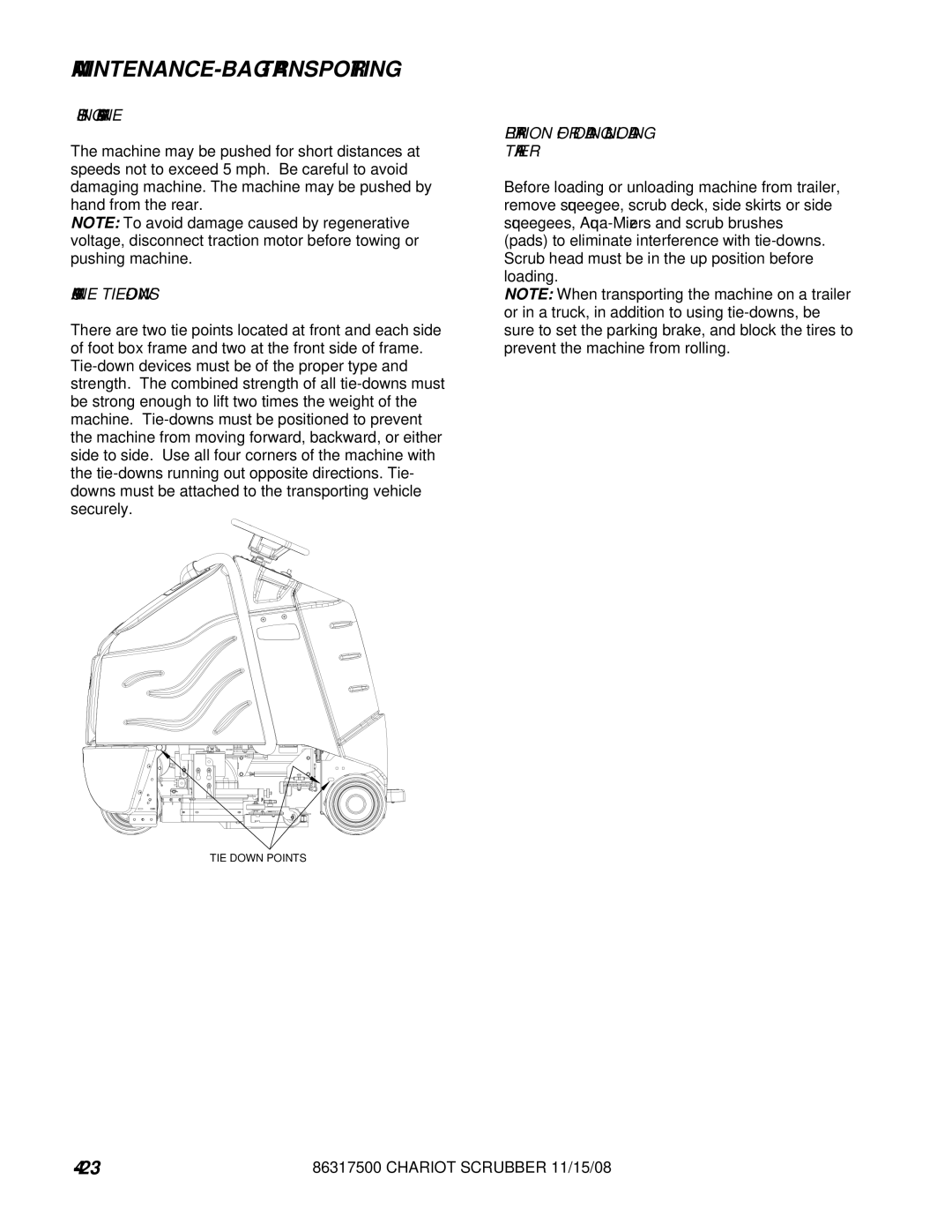 Windsor CSX26SP, CSX24, 10061090, 10061160 manual MAINTENANCE-BAG Transporting, Pushing Machine, Machine TIE-DOWNS 