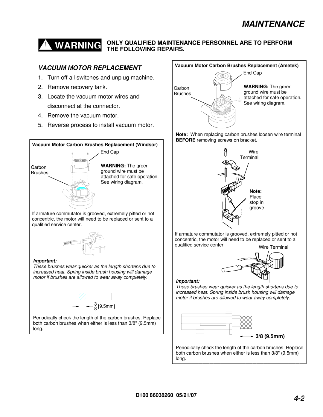 Windsor 10070090, D100 manual Maintenance, Vacuum Motor Replacement 