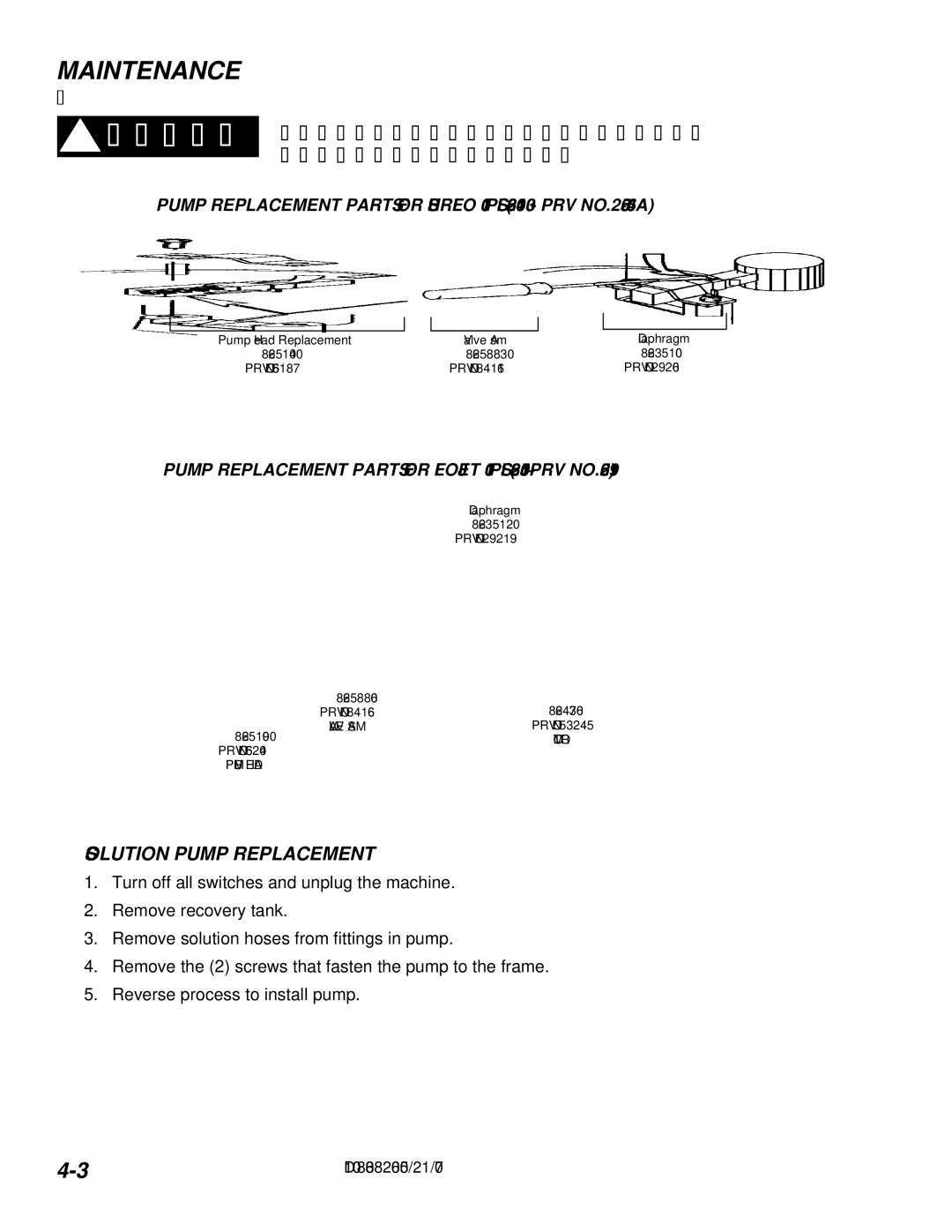 Windsor D100, 10070090 manual Solution Pump Replacement 