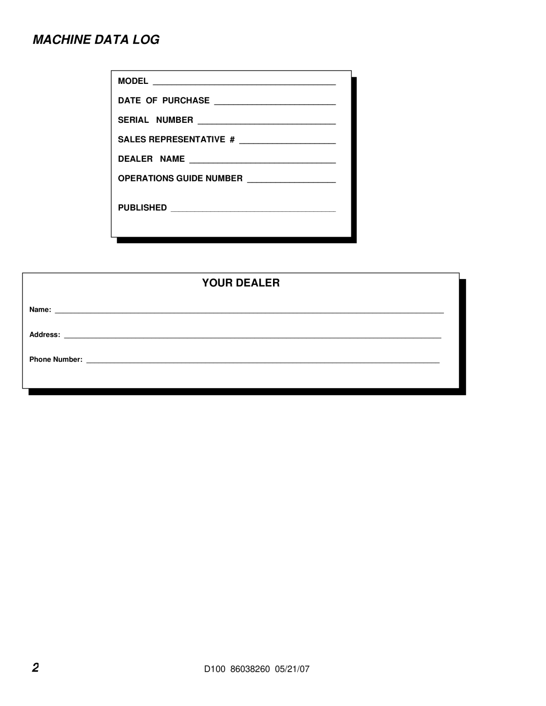 Windsor D100, 10070090 manual Machine Data LOG, Model 