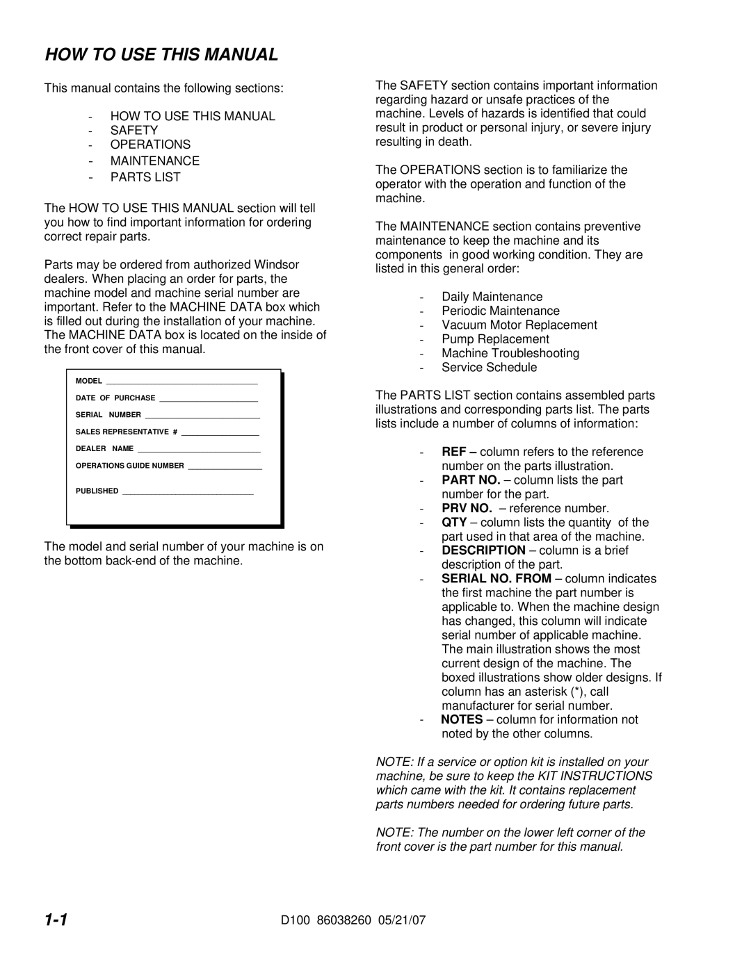 Windsor D100, 10070090 manual HOW to USE this Manual, Model 