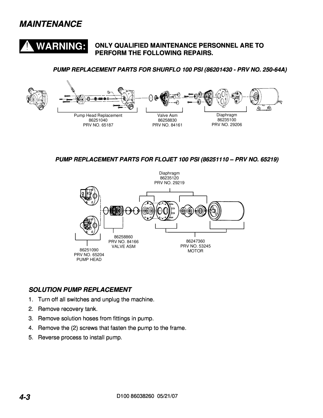 Windsor D100, 10070090 manual Solution Pump Replacement, Maintenance 