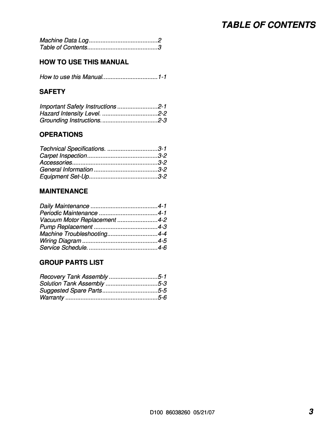 Windsor 10070090, D100 manual Table Of Contents, How To Use This Manual, Safety, Operations, Maintenance, Group Parts List 