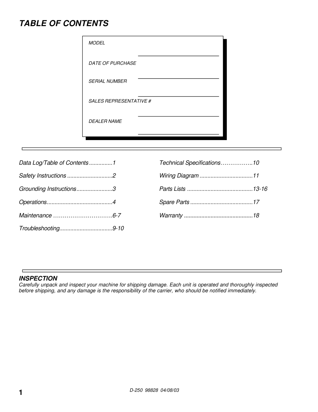 Windsor D250 (115V) manual Table of Contents 