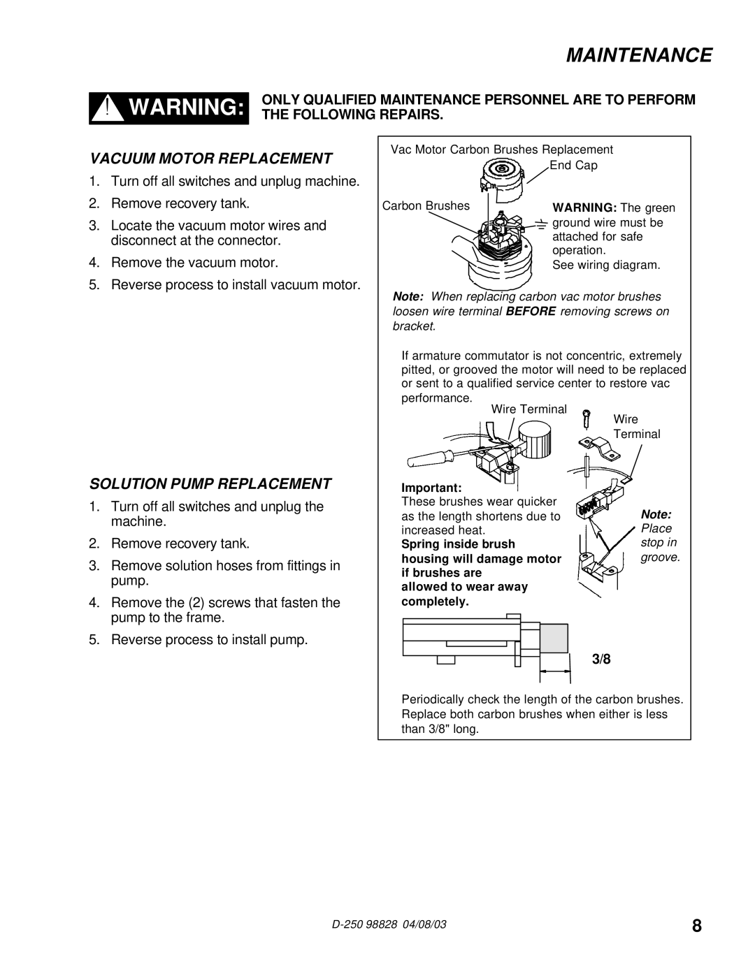 Windsor D250 (115V) manual Maintenance, Vacuum Motor Replacement 