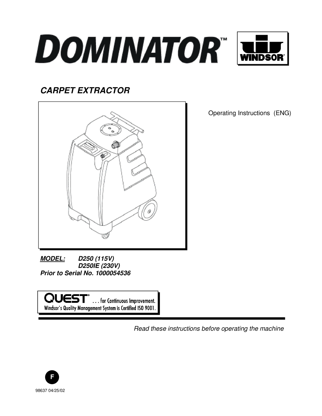 Windsor D250 manual Carpet Extractor 