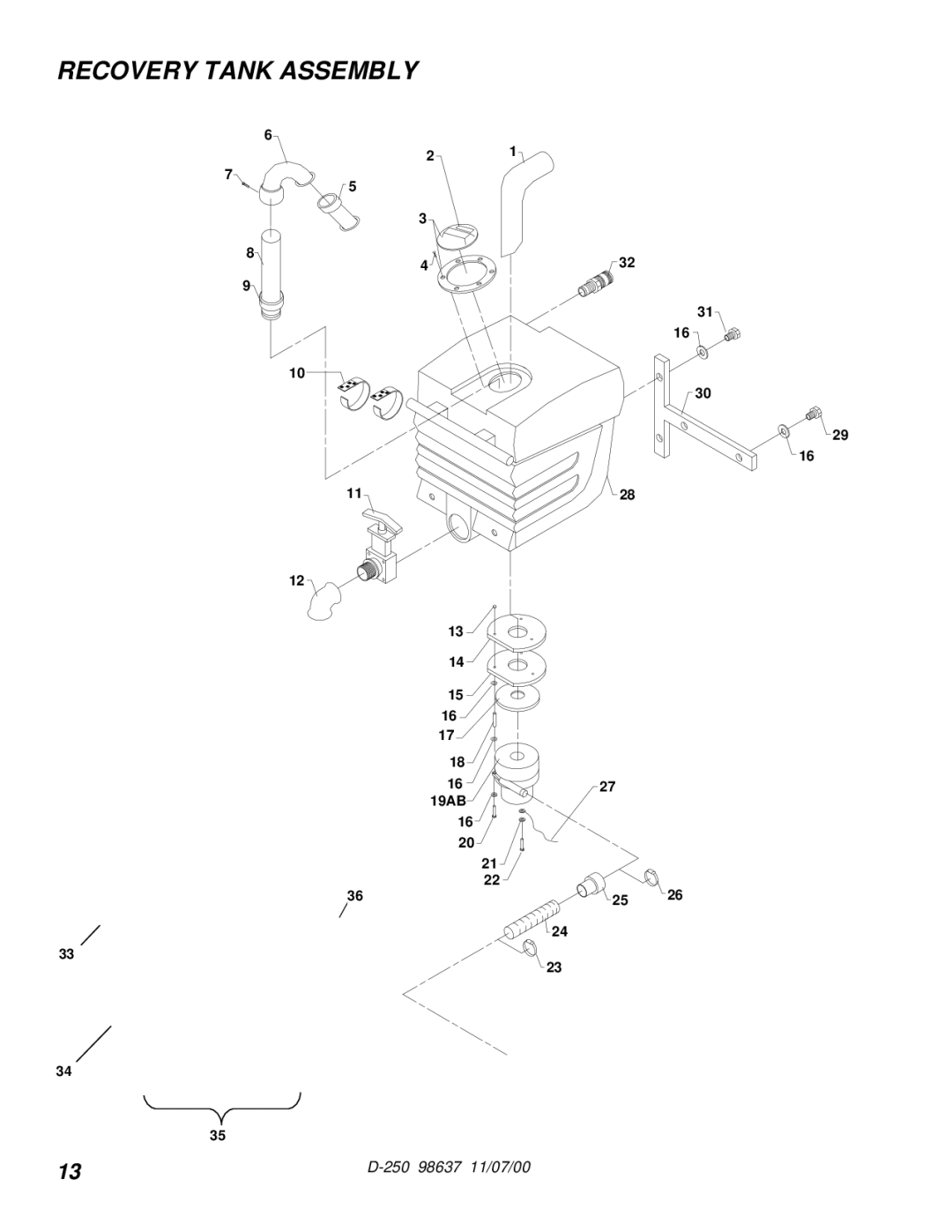 Windsor D250 manual Recovery Tank Assembly 