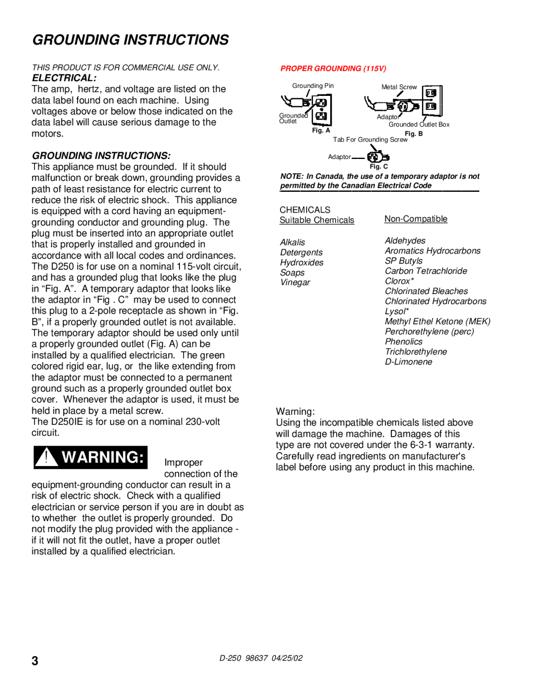 Windsor D250 manual Grounding Instructions, Electrical 