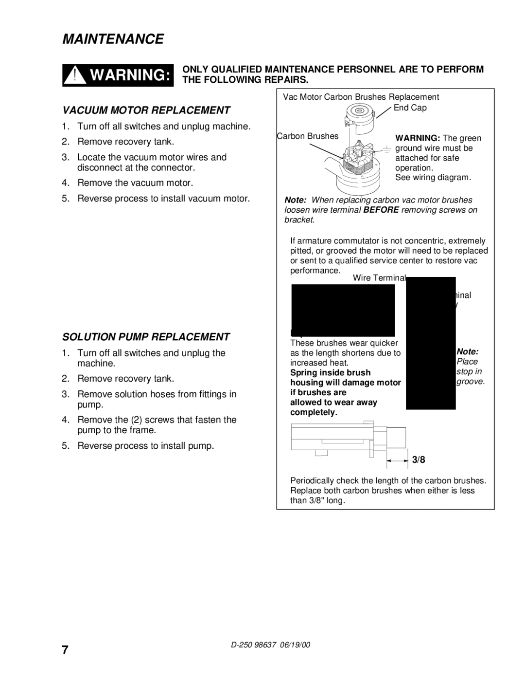 Windsor D250 manual Maintenance, Vacuum Motor Replacement 