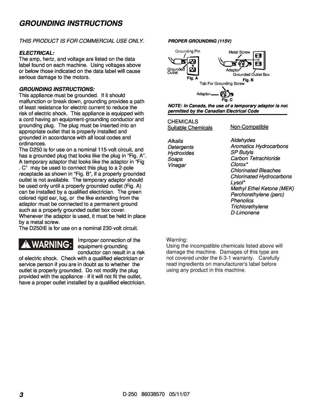 Windsor D250(115V) 10070100 manual Grounding Instructions, Electrical 