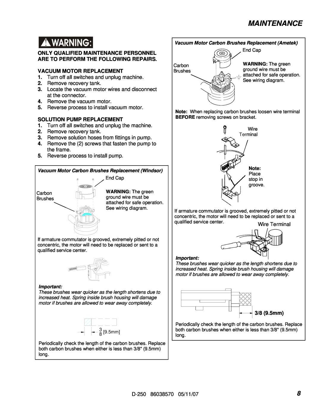 Windsor D250(115V) 10070100 manual Maintenance, Vacuum Motor Carbon Brushes Replacement Windsor, WARNING The green 