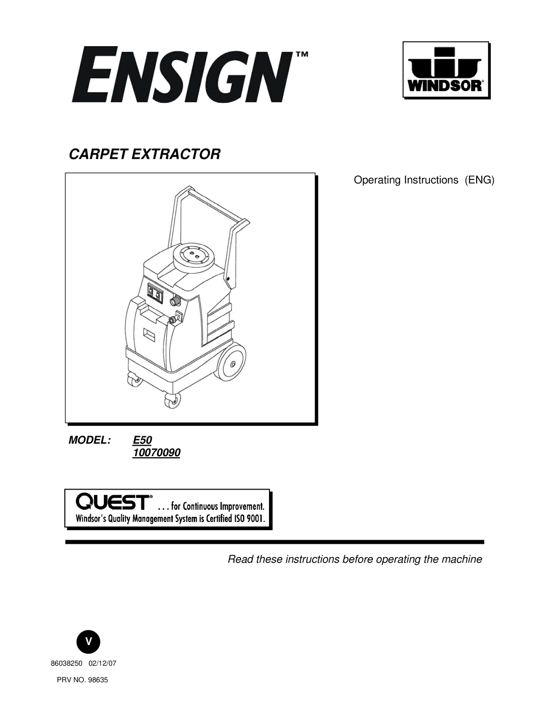 Windsor E50 10070090 operating instructions Carpet Extractor 