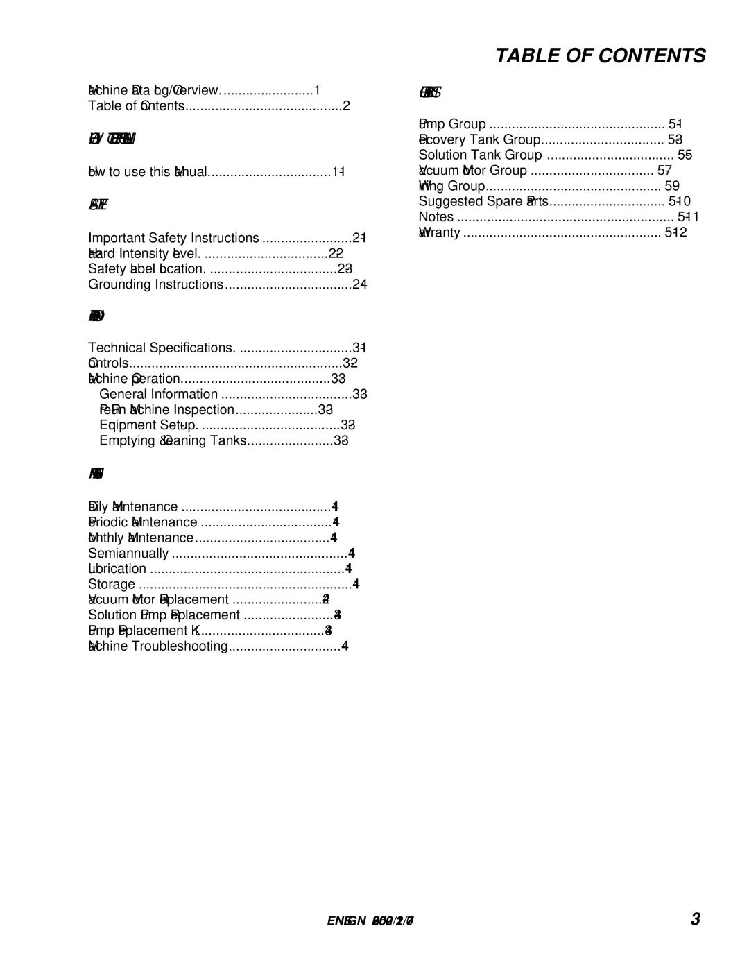 Windsor E50 10070090 operating instructions Table of Contents 