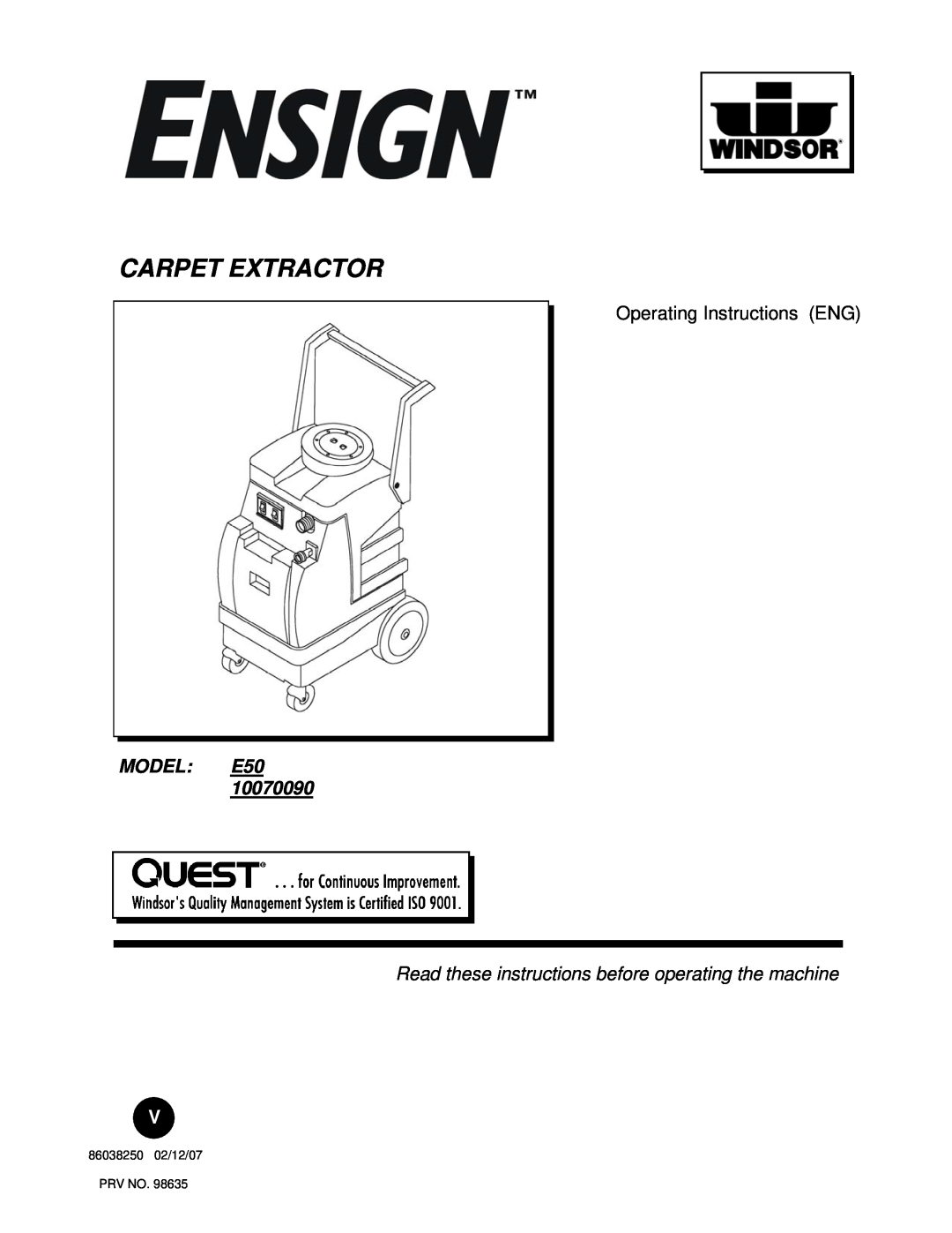 Windsor E50 10070090 operating instructions Carpet Extractor, Operating Instructions ENG, MODEL E50 