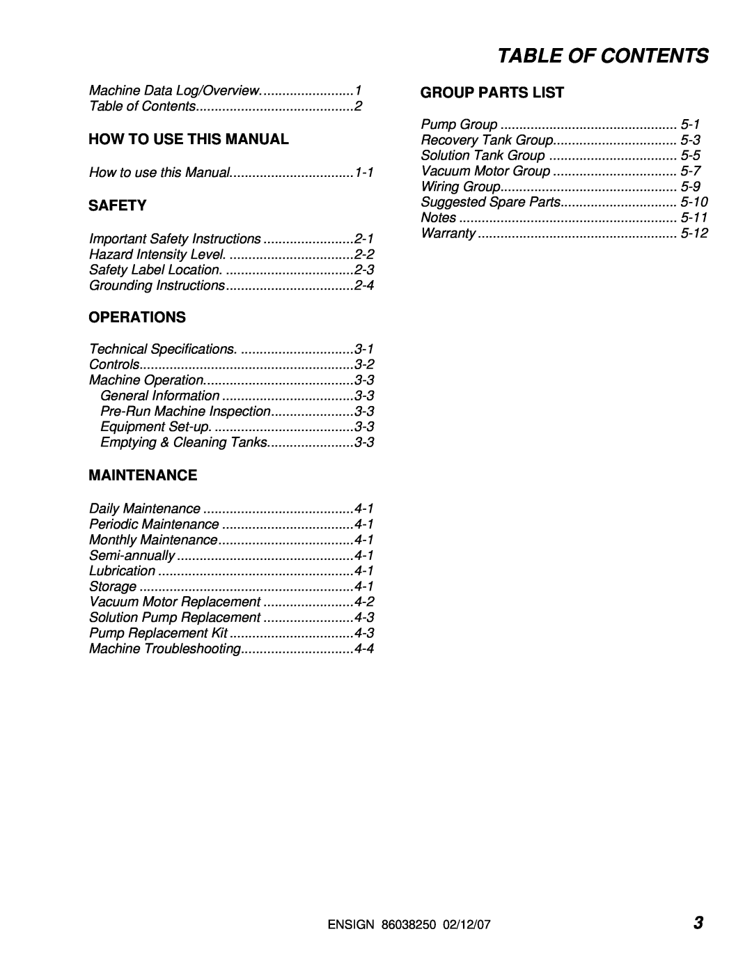 Windsor E50 10070090 Table Of Contents, How To Use This Manual, Safety, Operations, Maintenance, Group Parts List 