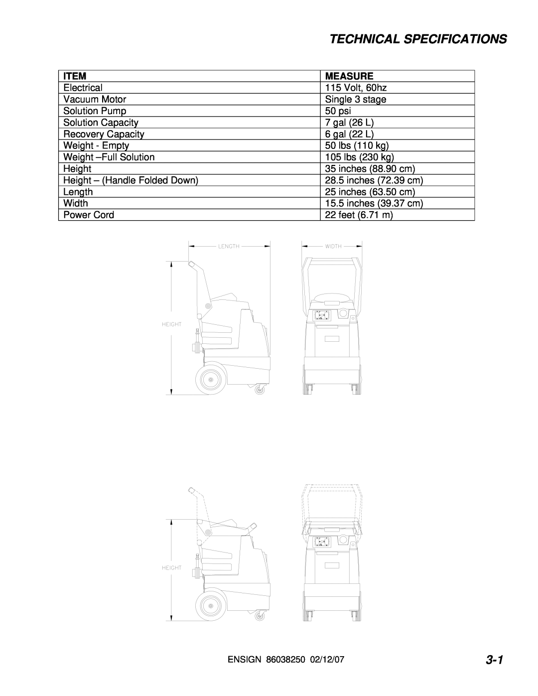 Windsor E50 10070090 operating instructions Technical Specifications, Measure 