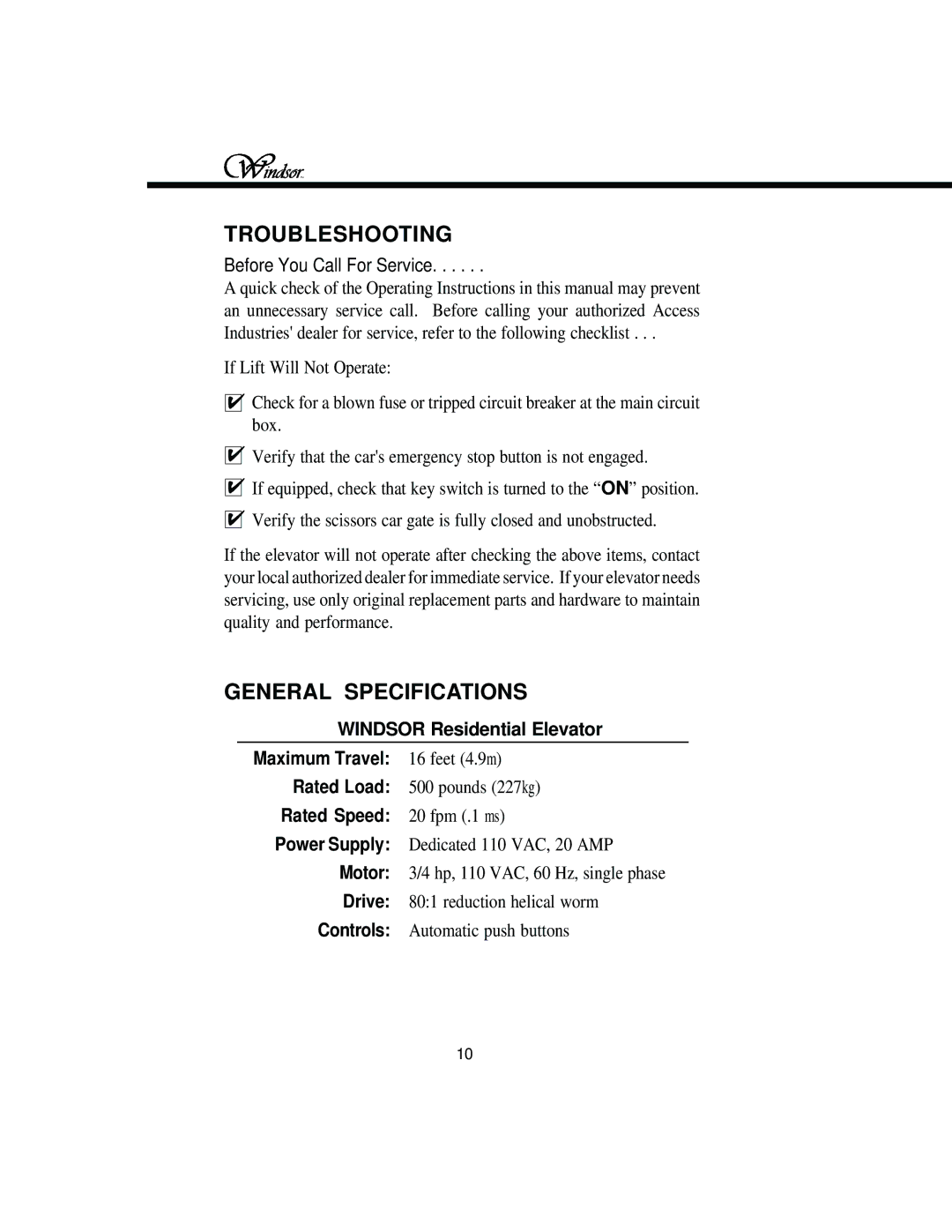 Windsor Elevator owner manual Troubleshooting, General Specifications 