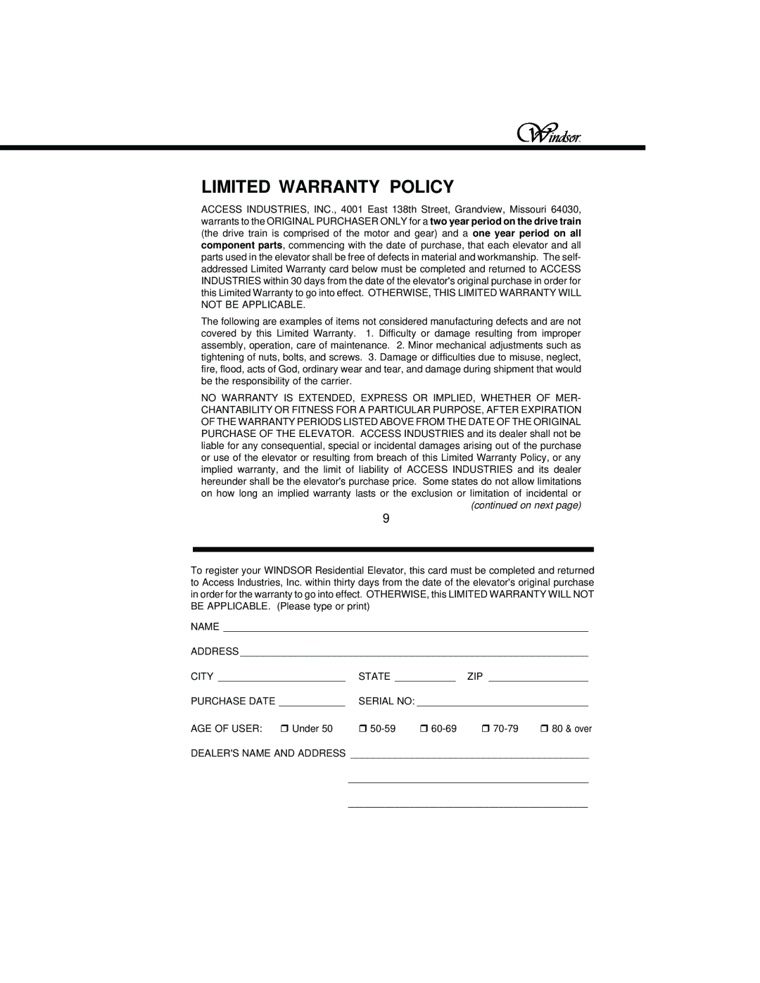 Windsor Elevator owner manual Limited Warranty Policy, On next 