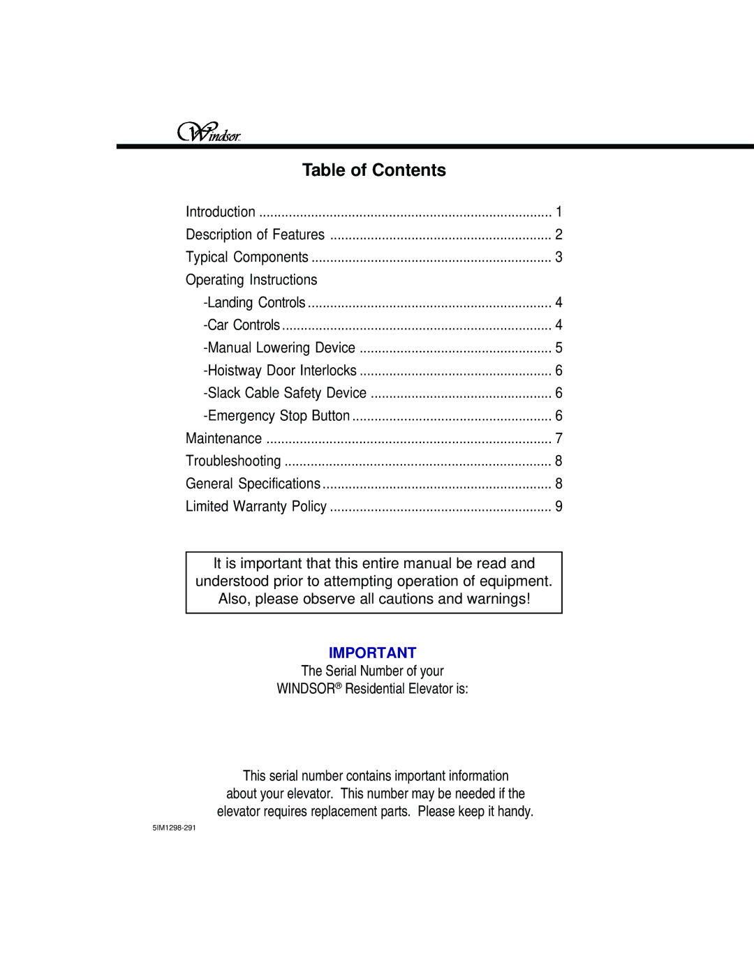 Windsor Elevator owner manual Table of Contents 