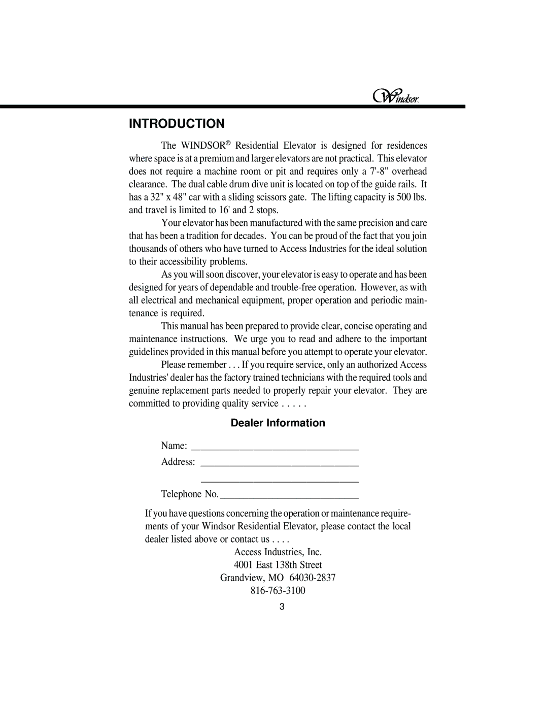 Windsor Elevator owner manual Introduction, Dealer Information 