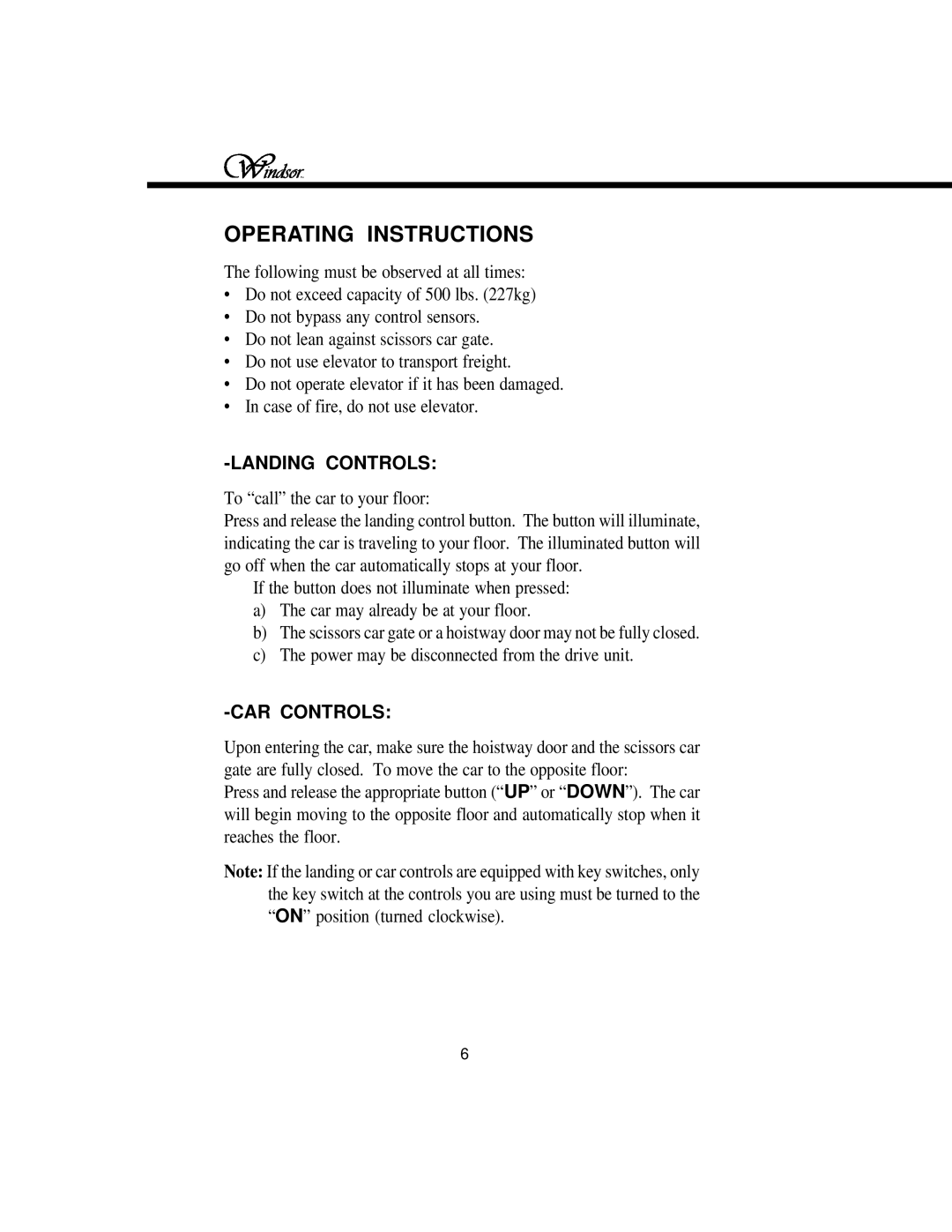 Windsor Elevator owner manual Operating Instructions, Landing Controls, CAR Controls 