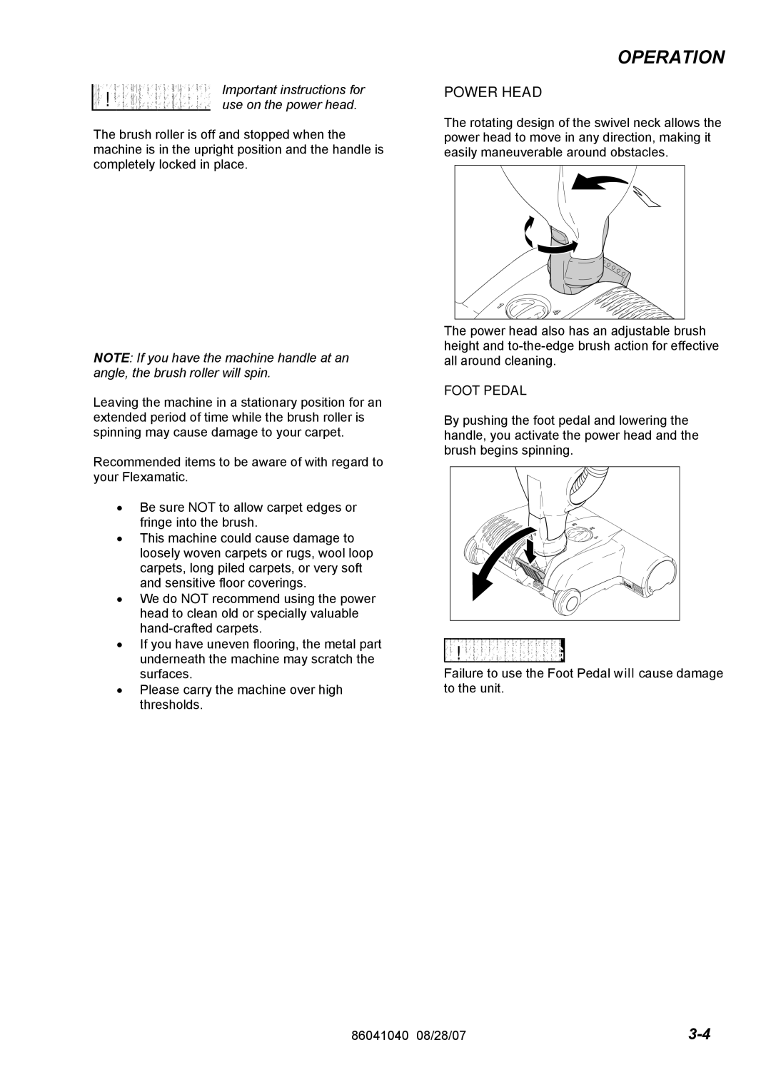 Windsor FM12 10120030, FM15 10120040 operating instructions Operation, Power Head, Foot Pedal 