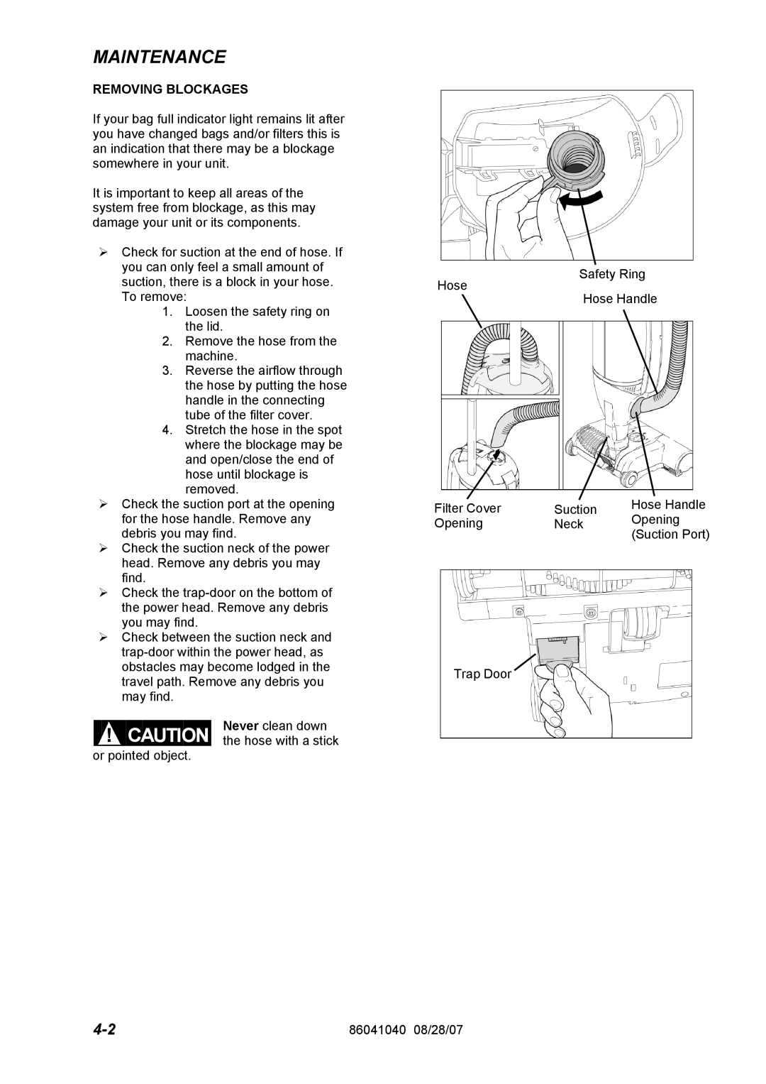 Windsor FM15 10120040, FM12 10120030 operating instructions Removing Blockages 