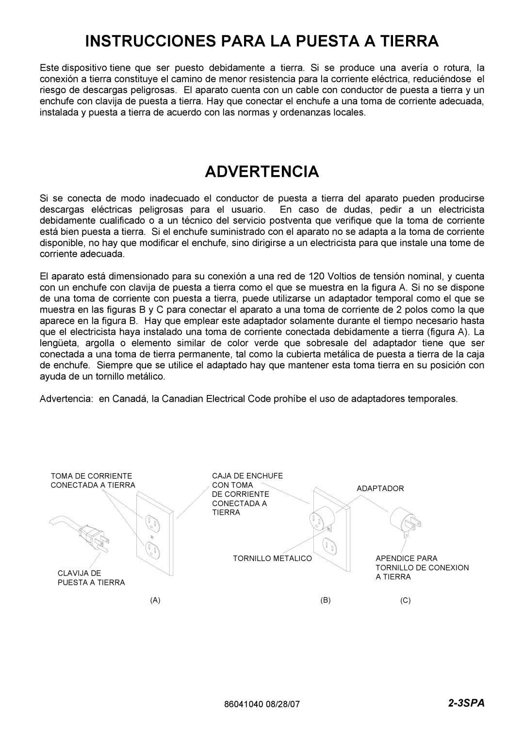 Windsor FM12 10120030, FM15 10120040 operating instructions Instrucciones Para LA Puesta a Tierra 