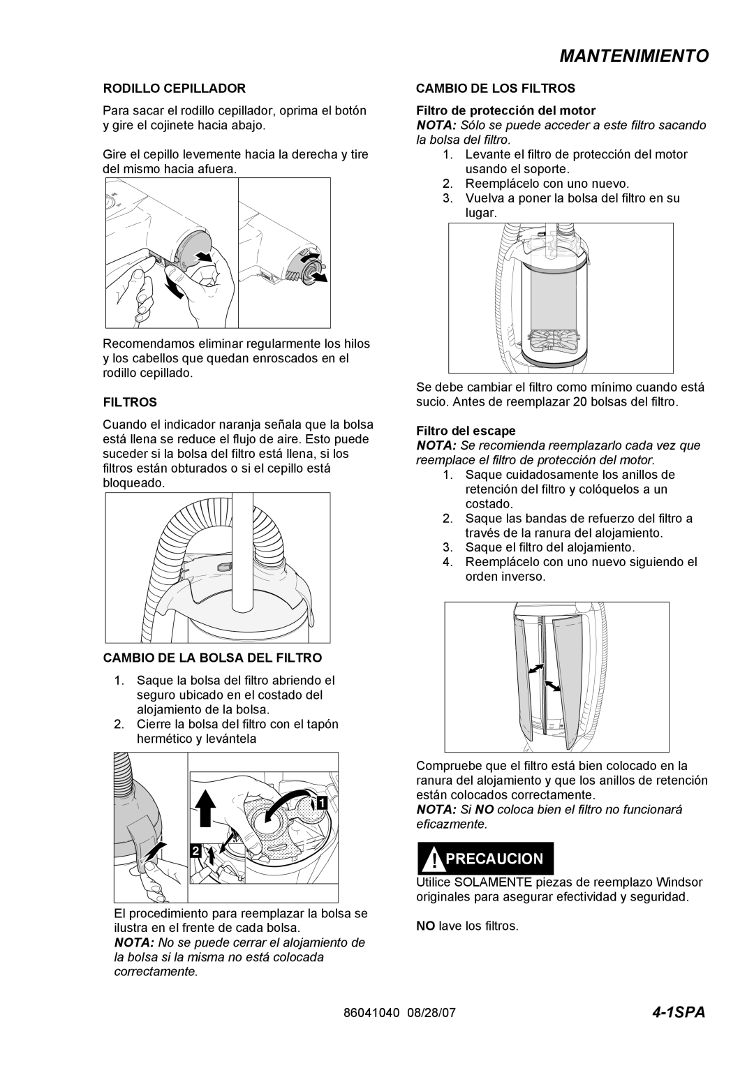 Windsor FM12 10120030 Mantenimiento, Rodillo Cepillador, Cambio DE LA Bolsa DEL Filtro, Cambio DE LOS Filtros 