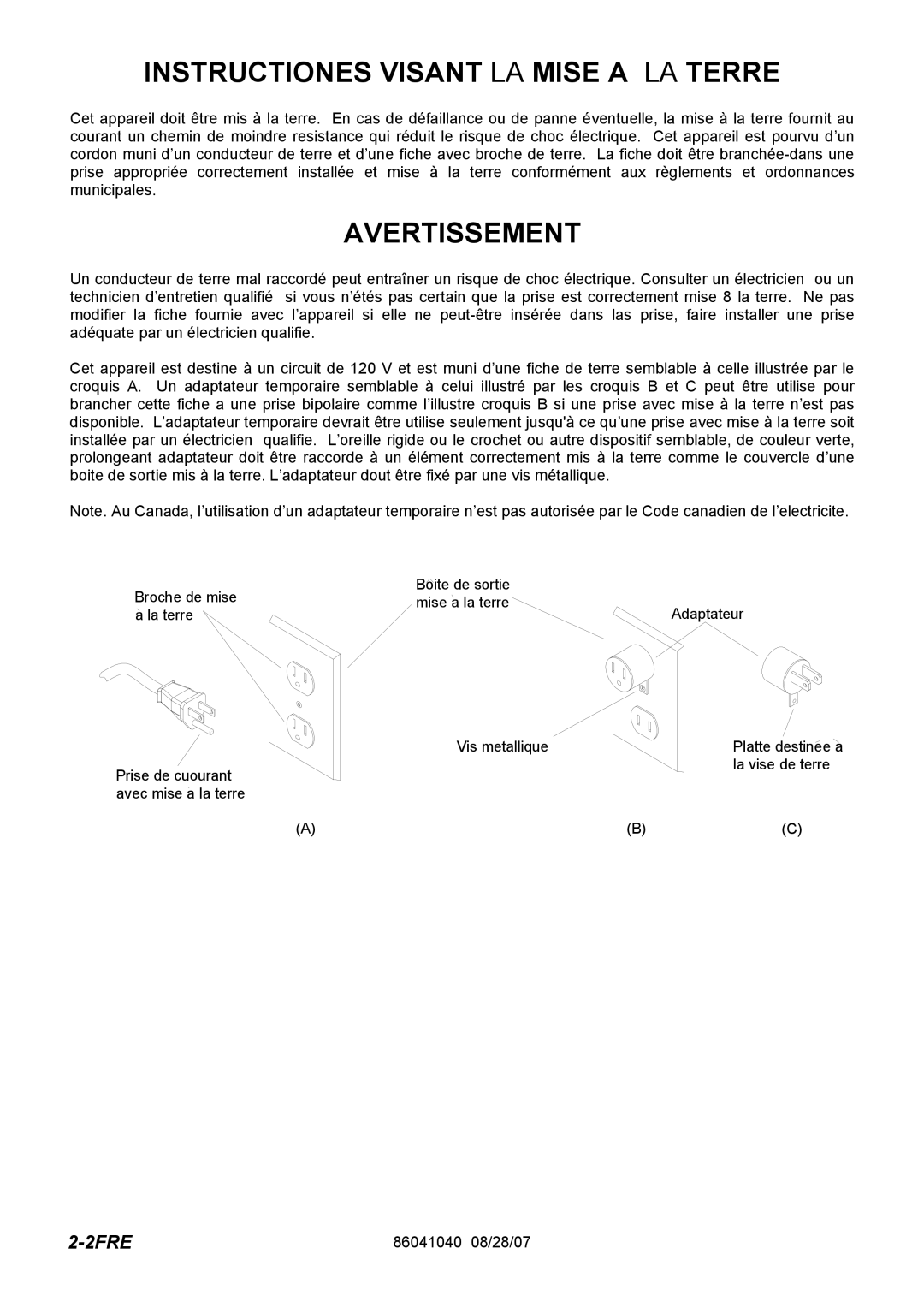 Windsor FM15 10120040, FM12 10120030 operating instructions Instructiones Visant LA Mise a LA Terre 