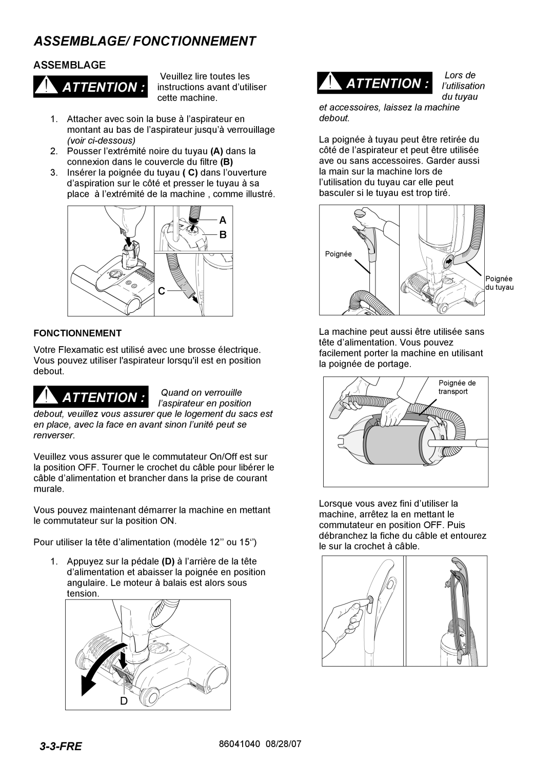 Windsor FM15 10120040, FM12 10120030 operating instructions ASSEMBLAGE/ Fonctionnement, Assemblage 