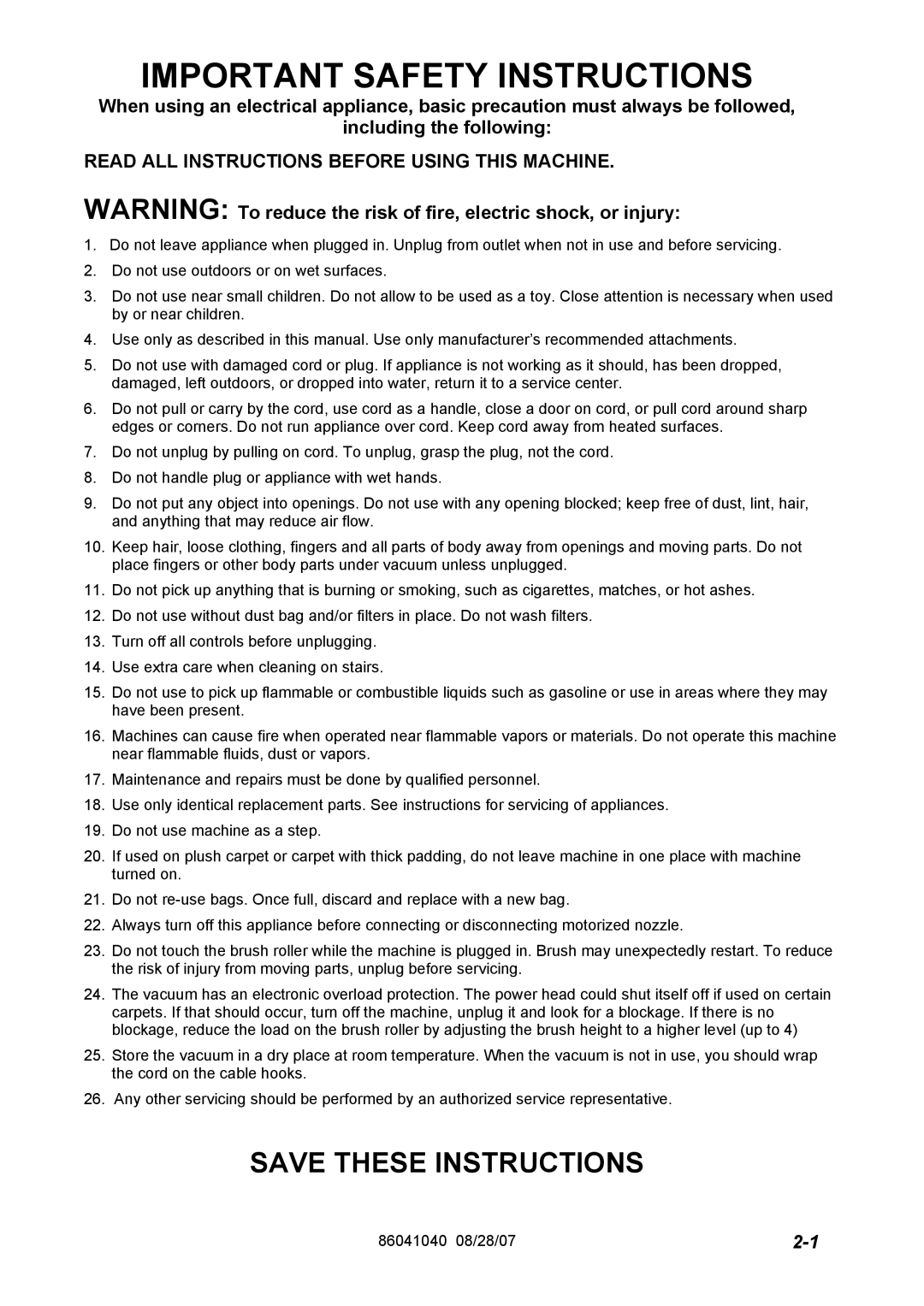 Windsor FM12 10120030, FM15 10120040 operating instructions Important Safety Instructions 