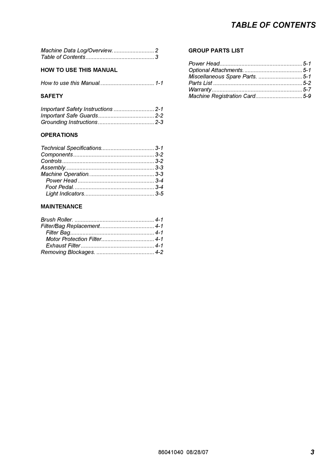 Windsor FM12 10120030 Table Of Contents, Machine Data Log/Overview, Group Parts List, How To Use This Manual, Safety 