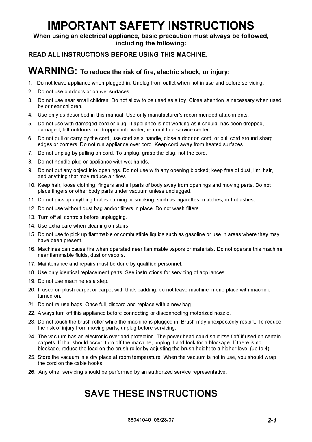 Windsor FM12 10120030, FM15 10120040 Important Safety Instructions, Save These Instructions, including the following 