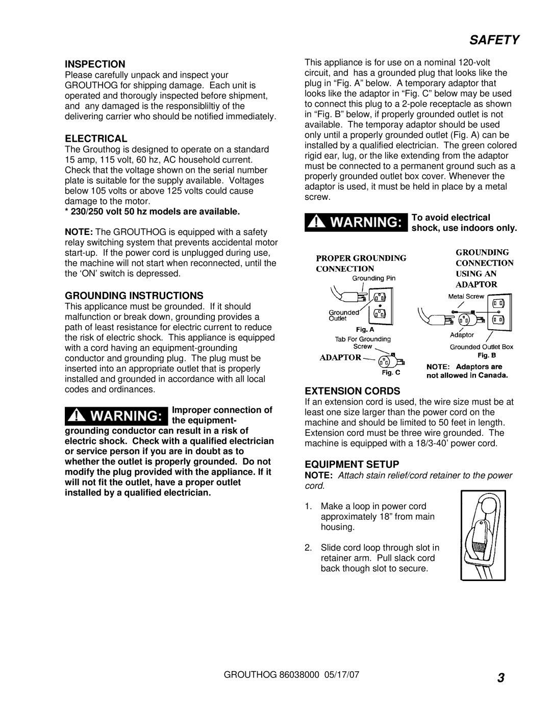 Windsor GH3 manual Inspection, Electrical, Grounding Instructions, Extension Cords, Equipment Setup 