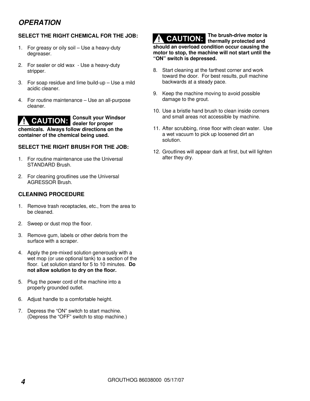 Windsor GH3 manual Operation, Cleaning Procedure 