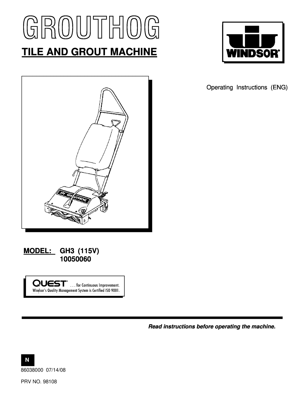Windsor manual Tile And Grout Machine, Operating Instructions ENG, Grouthog, MODEL GH3 