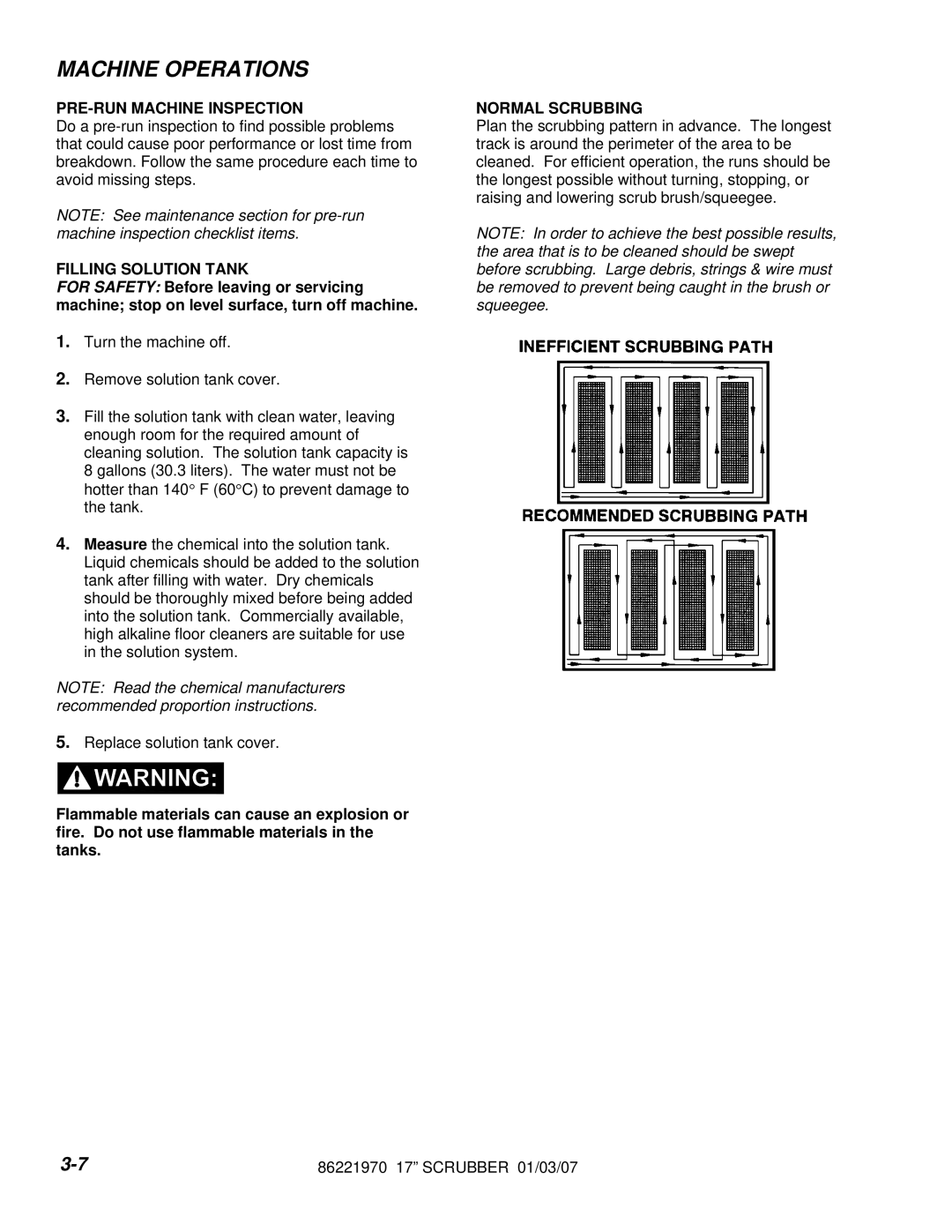 Windsor 10066080, HCC172, SCHC172 Machine Operations, PRE-RUN Machine Inspection, Filling Solution Tank, Normal Scrubbing 