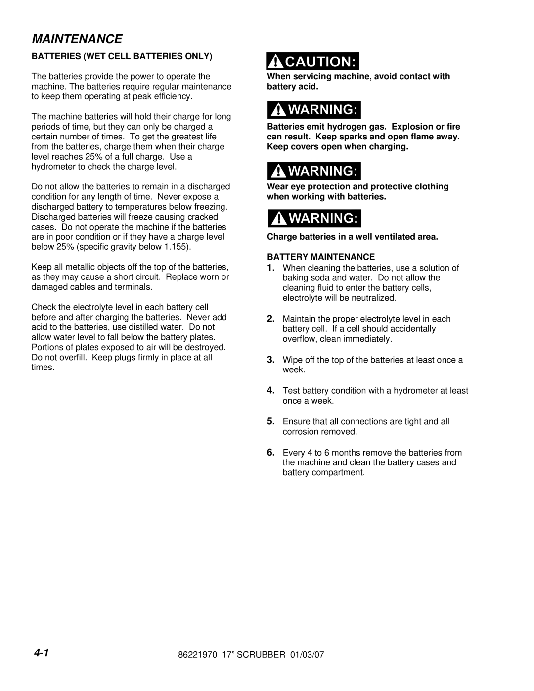 Windsor 10066230, HCC172, SCHC172, SCH172, QSCC172IA manual Batteries WET Cell Batteries only, Battery Maintenance 