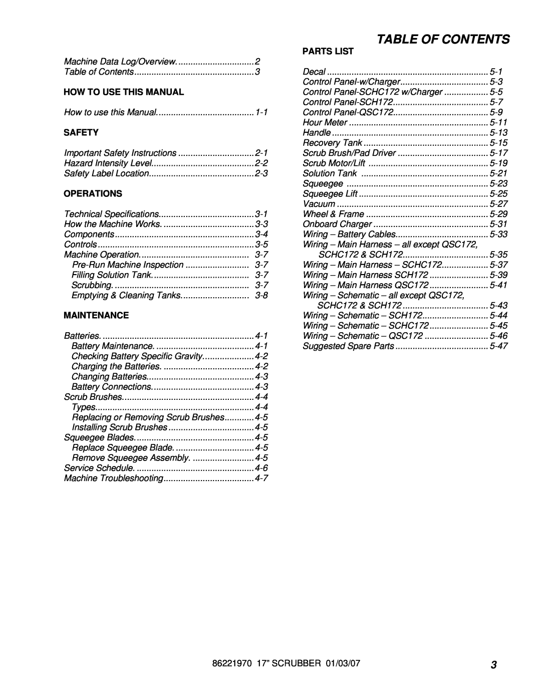 Windsor SCH172, HCC172, SCHC172 manual Table Of Contents, Parts List, How To Use This Manual, Safety, Operations, Maintenance 