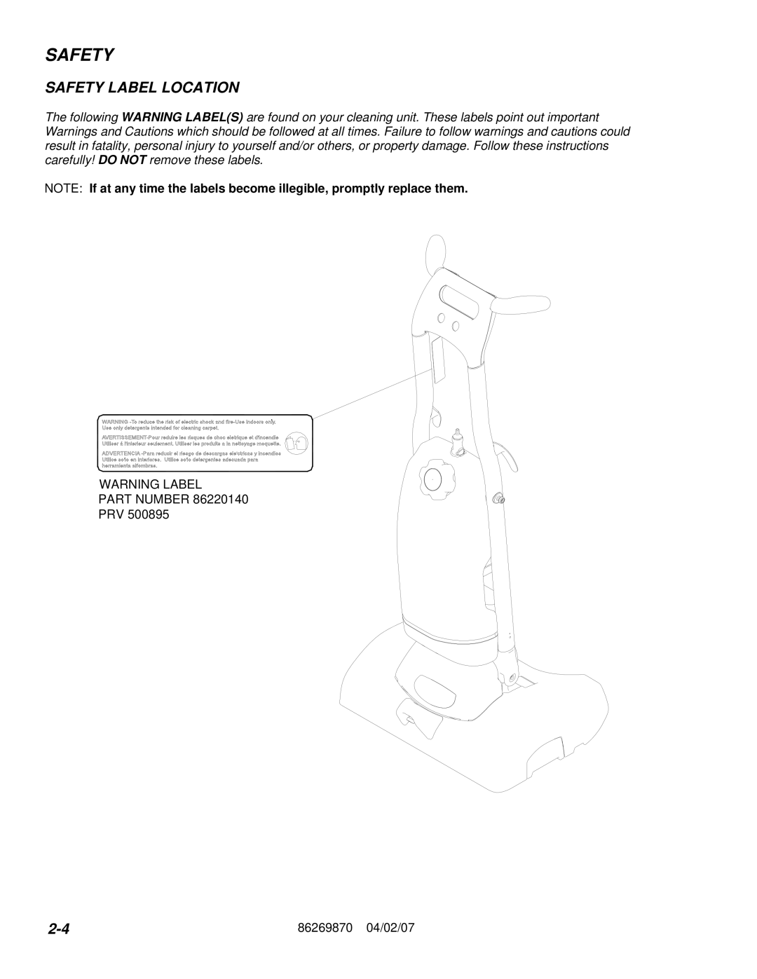 Windsor IMXIE17 10066410, IMX 10066400, IMIE17 10066550, IM 10066360 operating instructions Safety Label Location 