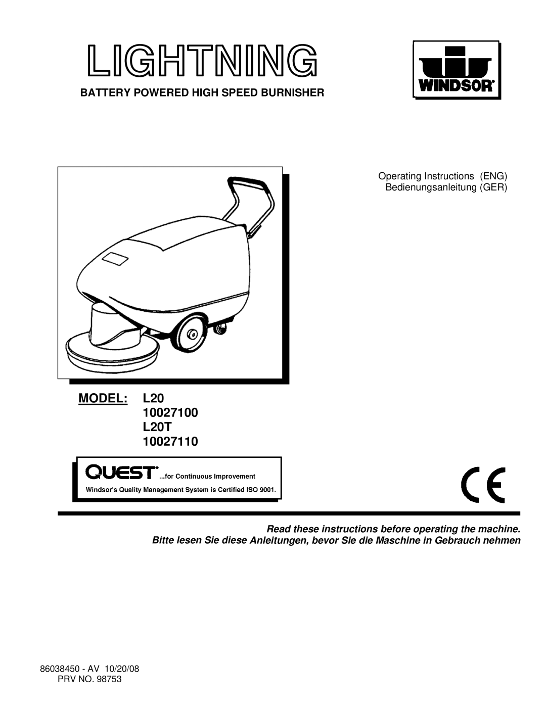 Windsor L20T, 10027110, 10027100 manual Lightning 